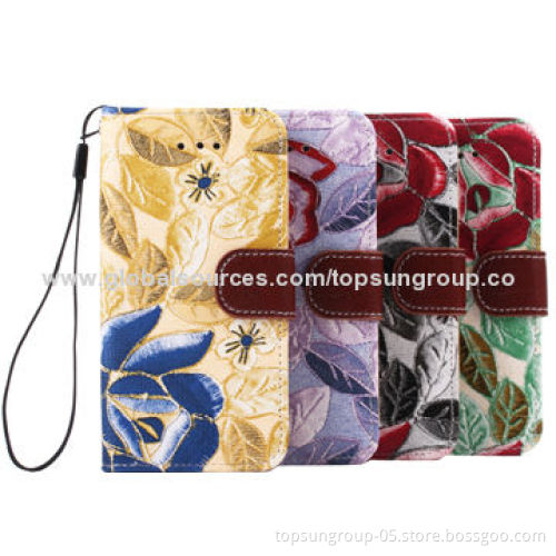 PU Leather Cases for iPhone 5S/5G, Floral Pattern with Card Slots and Hanging Rope